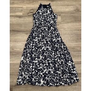 Donna Karan Dress Womens 2 Navy Floral Print Halter Neck Midi Sleeveless Lined